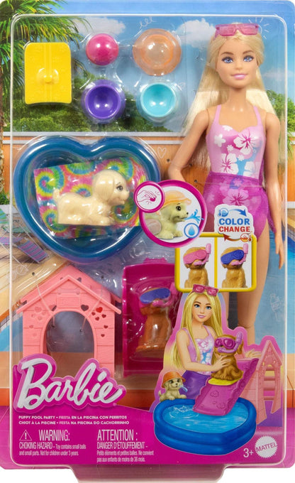 Barbie Puppy Pool Party Toy Playset with Fashion Doll, Doghouse & Slide, Heart-Shaped Pool, 2 Pet Dog Figures, 6 Accessories & Color Change, JBF35