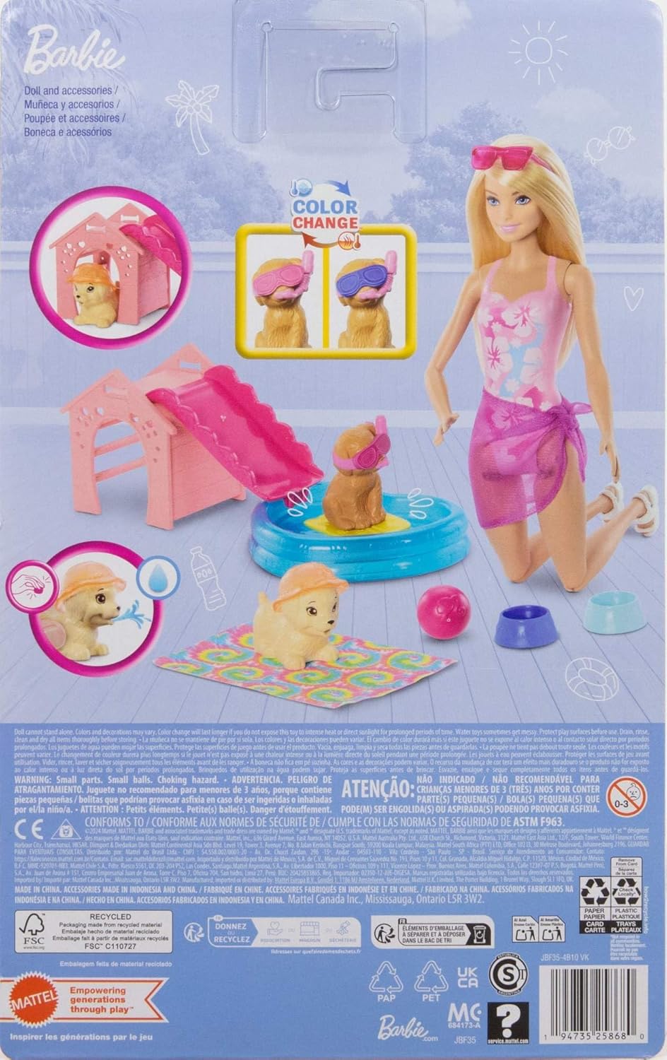 Barbie Puppy Pool Party Toy Playset with Fashion Doll, Doghouse & Slide, Heart-Shaped Pool, 2 Pet Dog Figures, 6 Accessories & Color Change, JBF35