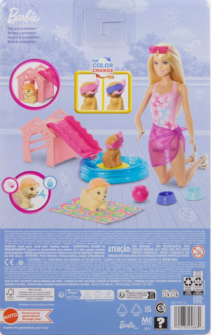 Barbie Puppy Pool Party Toy Playset with Fashion Doll, Doghouse & Slide, Heart-Shaped Pool, 2 Pet Dog Figures, 6 Accessories & Color Change, JBF35