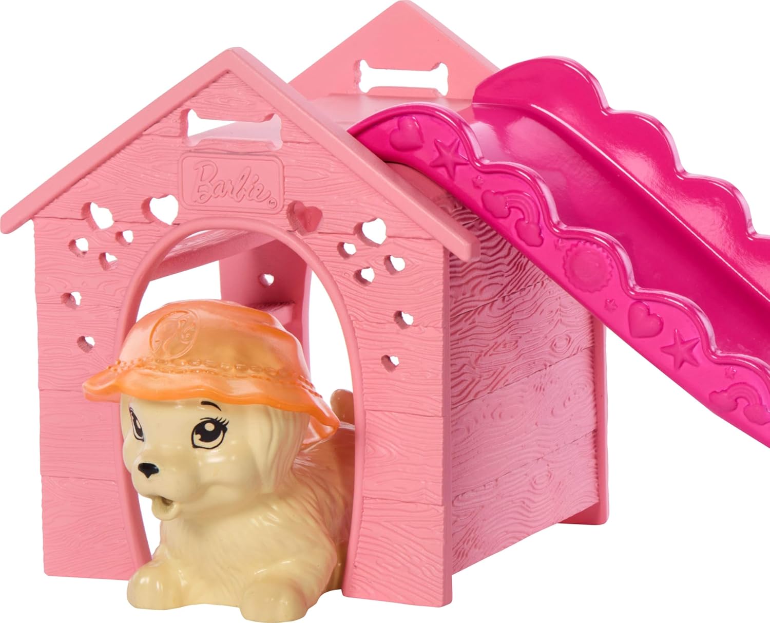 Barbie Puppy Pool Party Toy Playset with Fashion Doll, Doghouse & Slide, Heart-Shaped Pool, 2 Pet Dog Figures, 6 Accessories & Color Change, JBF35