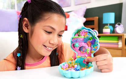 Polly Pocket Dolls and Playset, Glitter Island Compact, Travel Toy with 1 Micro Mermaid Doll, Ocean Pets & Themed Accessories