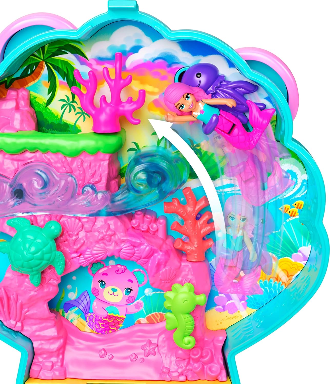 Polly Pocket Dolls and Playset, Glitter Island Compact, Travel Toy with 1 Micro Mermaid Doll, Ocean Pets & Themed Accessories