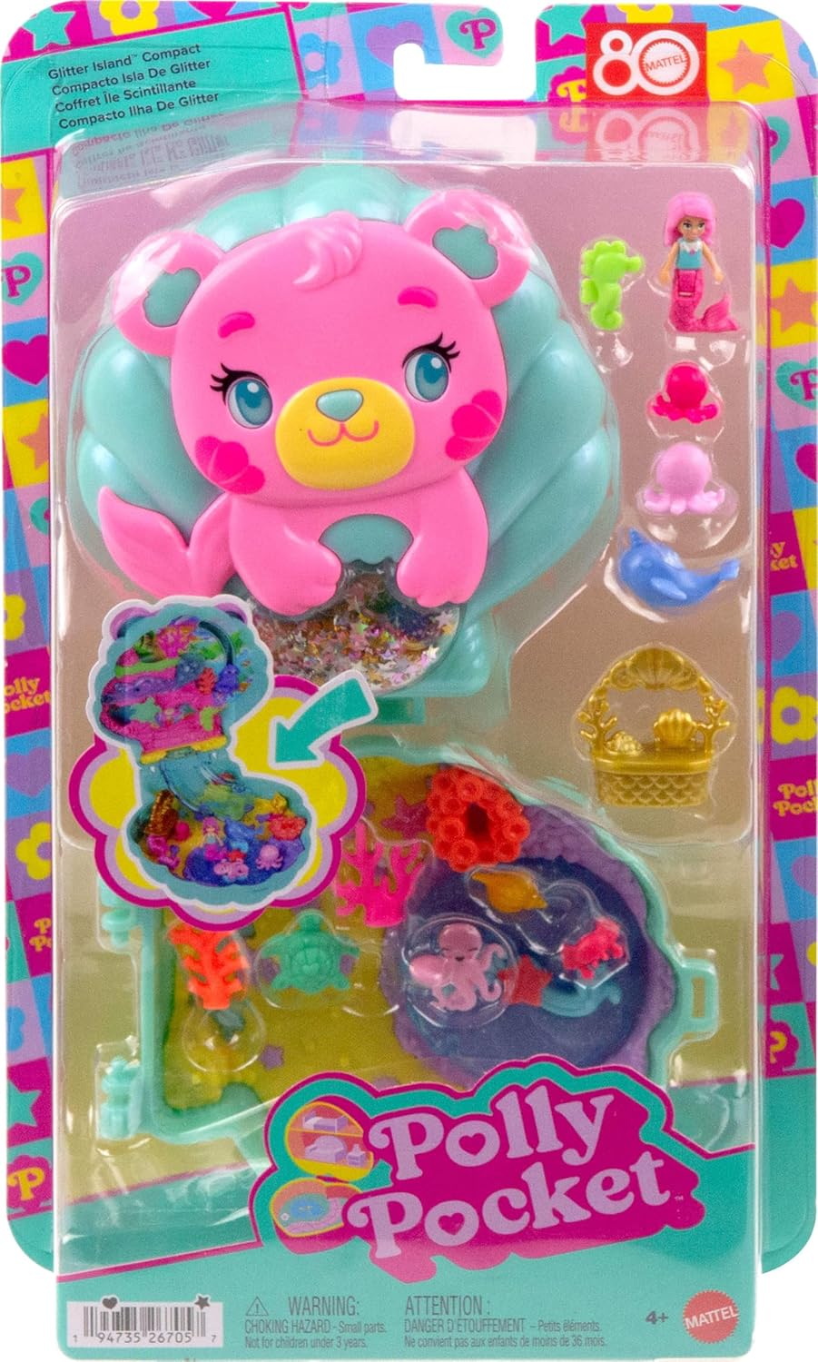 Polly Pocket Dolls and Playset, Glitter Island Compact, Travel Toy with 1 Micro Mermaid Doll, Ocean Pets & Themed Accessories