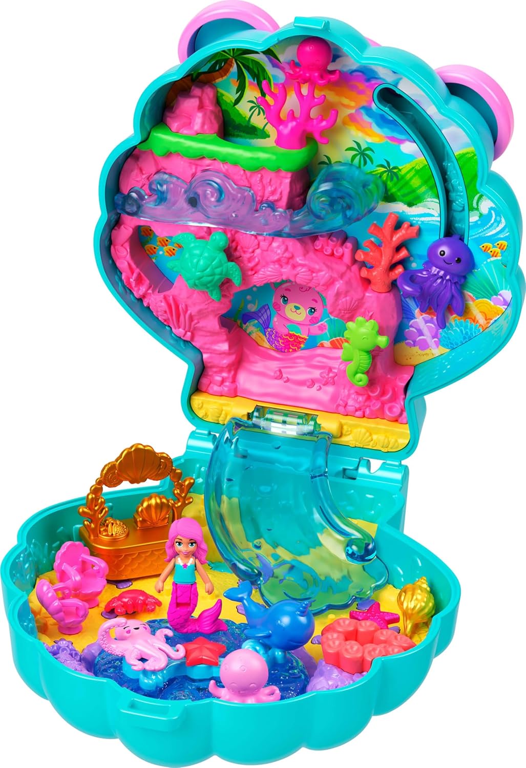 Polly Pocket Dolls and Playset, Glitter Island Compact, Travel Toy with 1 Micro Mermaid Doll, Ocean Pets & Themed Accessories