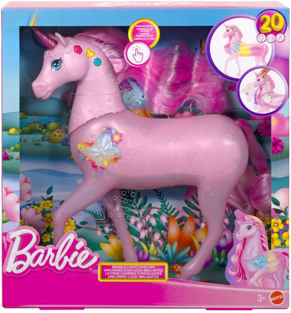 Barbie Sparkle Lights Toy Unicorn with 20 Interactive Combos of Lights, Sounds & Music, Press Buttons & Pet Head to Play, JCP78