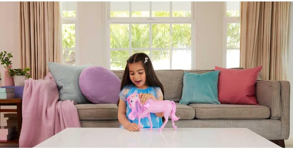Barbie Sparkle Lights Toy Unicorn with 20 Interactive Combos of Lights, Sounds & Music, Press Buttons & Pet Head to Play, JCP78