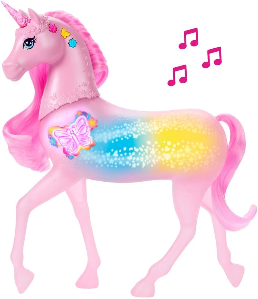 Barbie Sparkle Lights Toy Unicorn with 20 Interactive Combos of Lights, Sounds & Music, Press Buttons & Pet Head to Play, JCP78