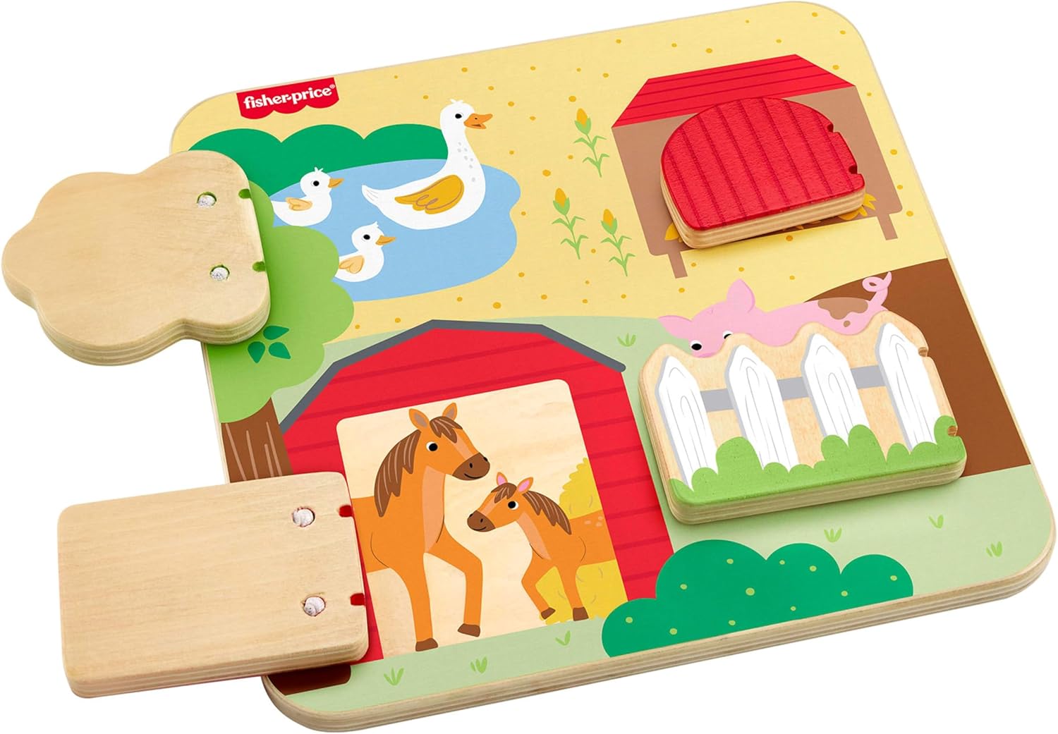 Fisher-Price Wood Baby Toy Farm Animals Board, Wooden Busy Activity for Fine Motor Skills Play Infants & Toddlers Ages 1+ Years, JCY33