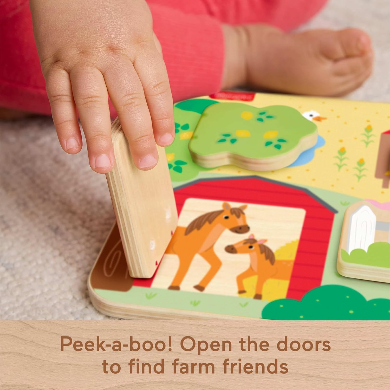 Fisher-Price Wood Baby Toy Farm Animals Board, Wooden Busy Activity for Fine Motor Skills Play Infants & Toddlers Ages 1+ Years, JCY33
