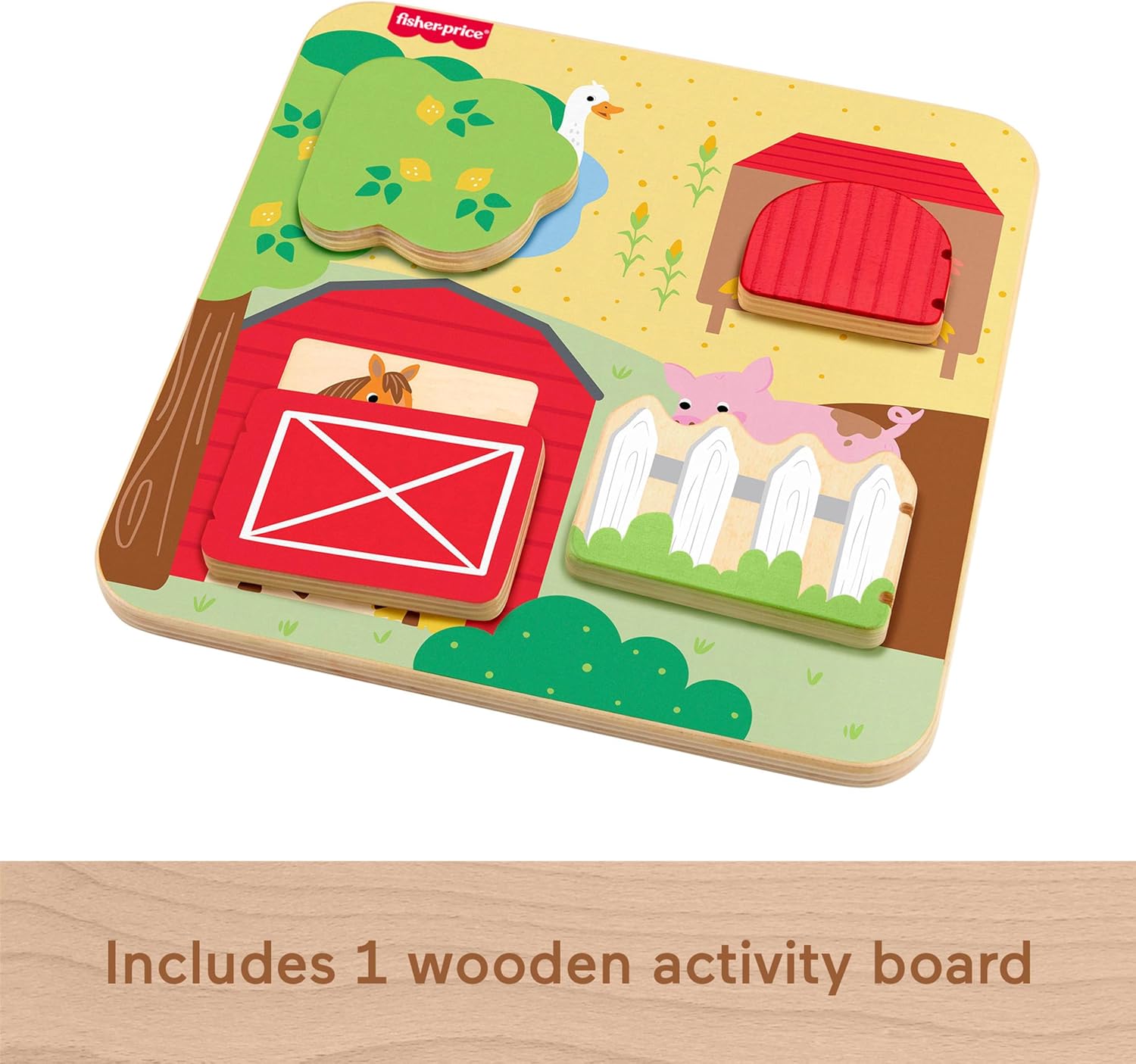 Fisher-Price Wood Baby Toy Farm Animals Board, Wooden Busy Activity for Fine Motor Skills Play Infants & Toddlers Ages 1+ Years, JCY33