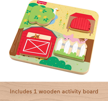 Fisher-Price Wood Baby Toy Farm Animals Board, Wooden Busy Activity for Fine Motor Skills Play Infants & Toddlers Ages 1+ Years, JCY33
