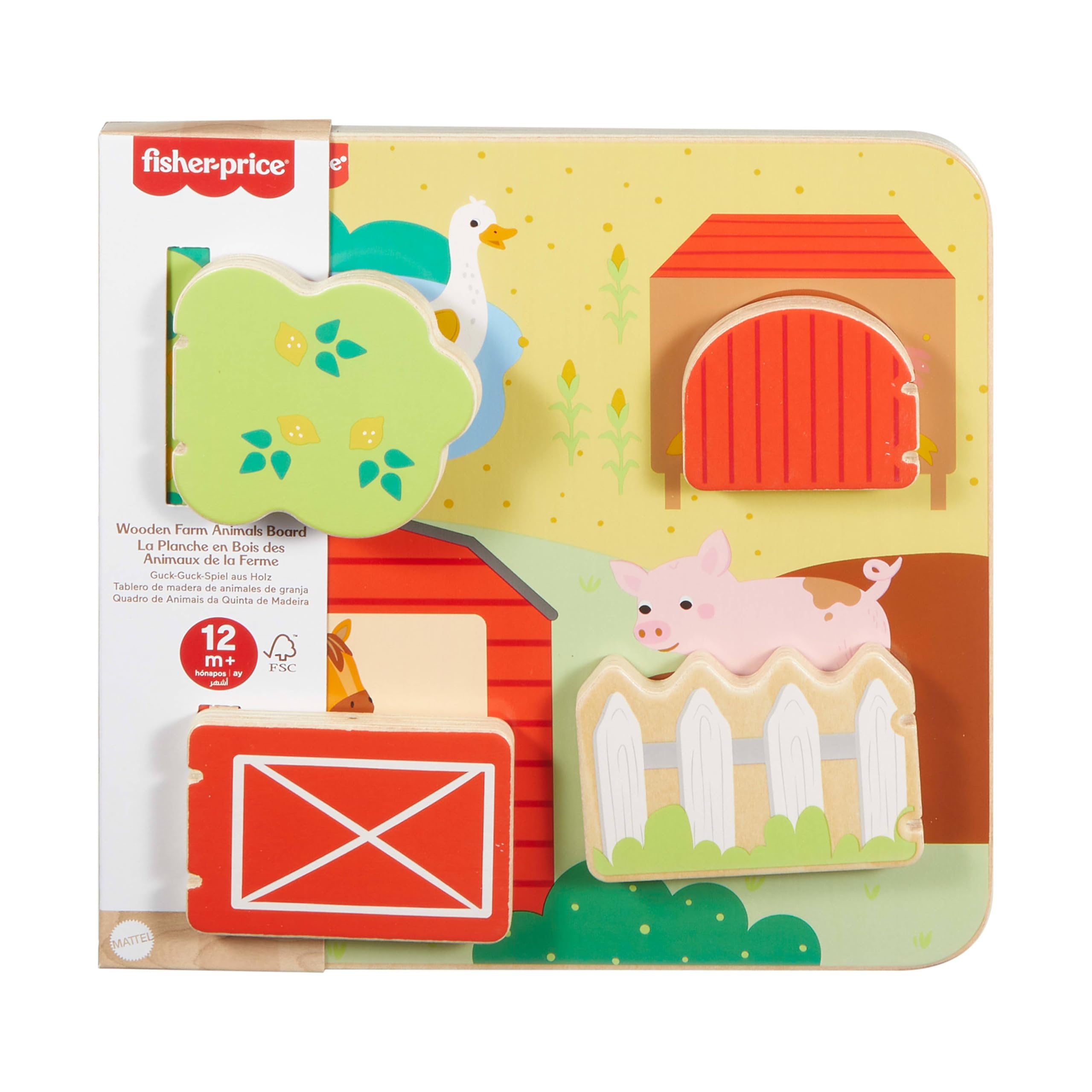 Fisher-Price Wood Baby Toy Farm Animals Board, Wooden Busy Activity for Fine Motor Skills Play Infants & Toddlers Ages 1+ Years, JCY33