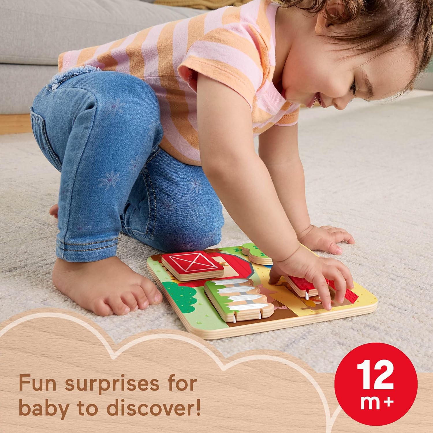 Fisher-Price Wood Baby Toy Farm Animals Board, Wooden Busy Activity for Fine Motor Skills Play Infants & Toddlers Ages 1+ Years, JCY33