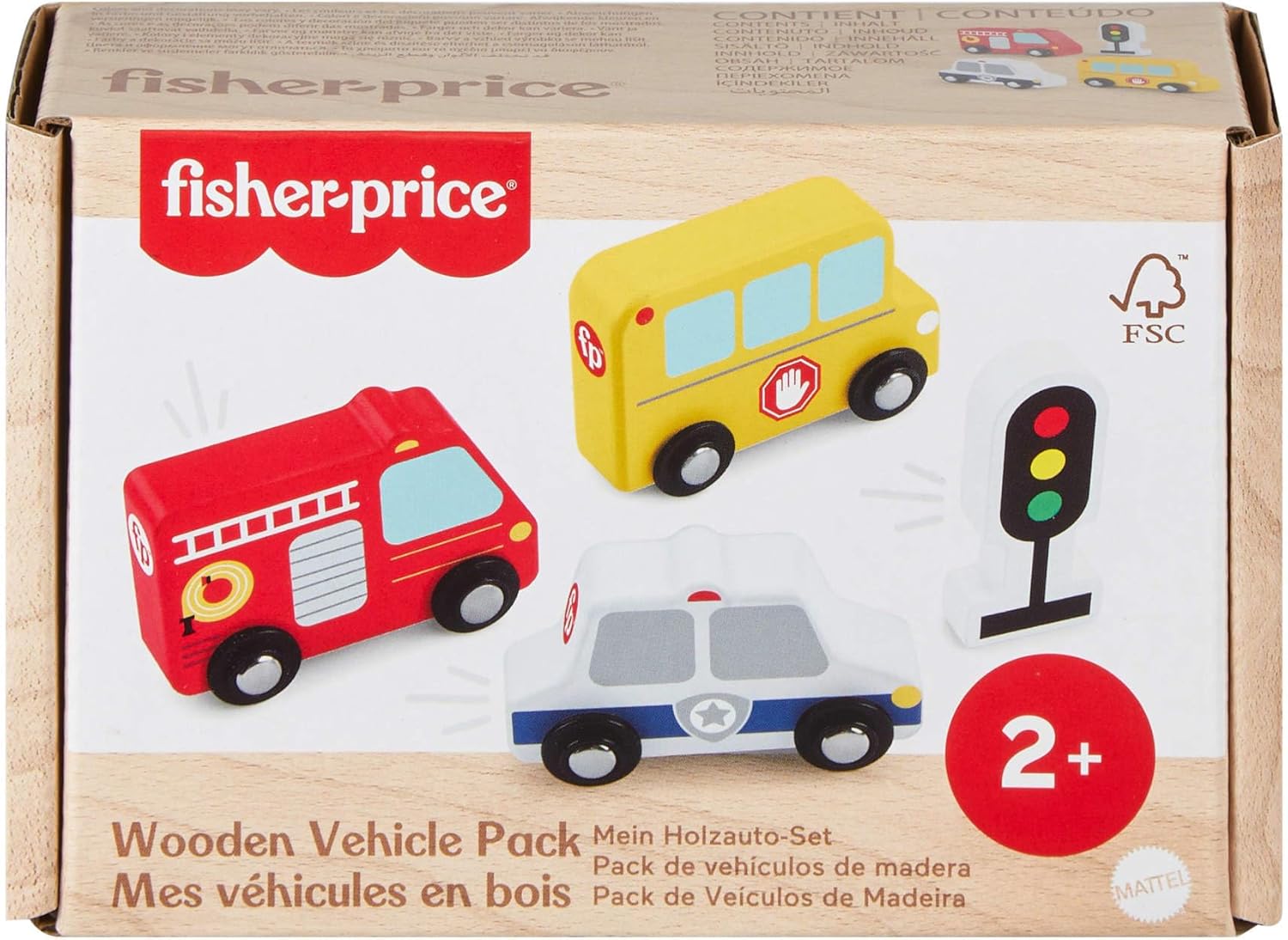 Fisher-Price Toddler Toys Wooden Vehicle Pack, 4-Piece Wood Set with Fire Truck, School Bus & Police Car for Kids Ages 2+ Years, JCY32