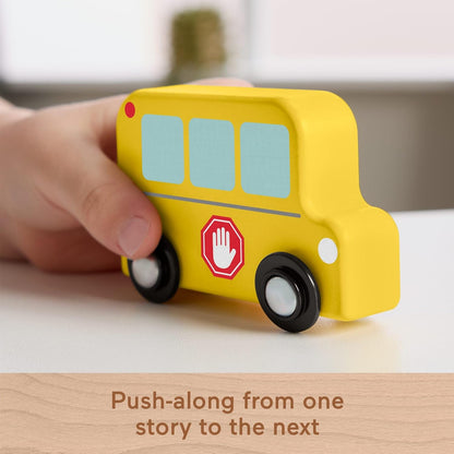Fisher-Price Toddler Toys Wooden Vehicle Pack, 4-Piece Wood Set with Fire Truck, School Bus & Police Car for Kids Ages 2+ Years, JCY32