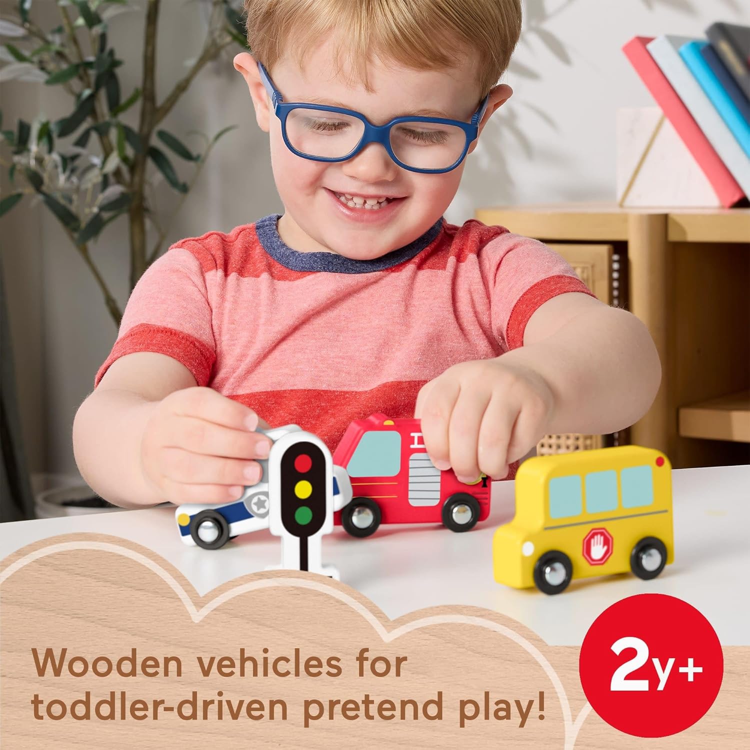 Fisher-Price Toddler Toys Wooden Vehicle Pack, 4-Piece Wood Set with Fire Truck, School Bus & Police Car for Kids Ages 2+ Years, JCY32
