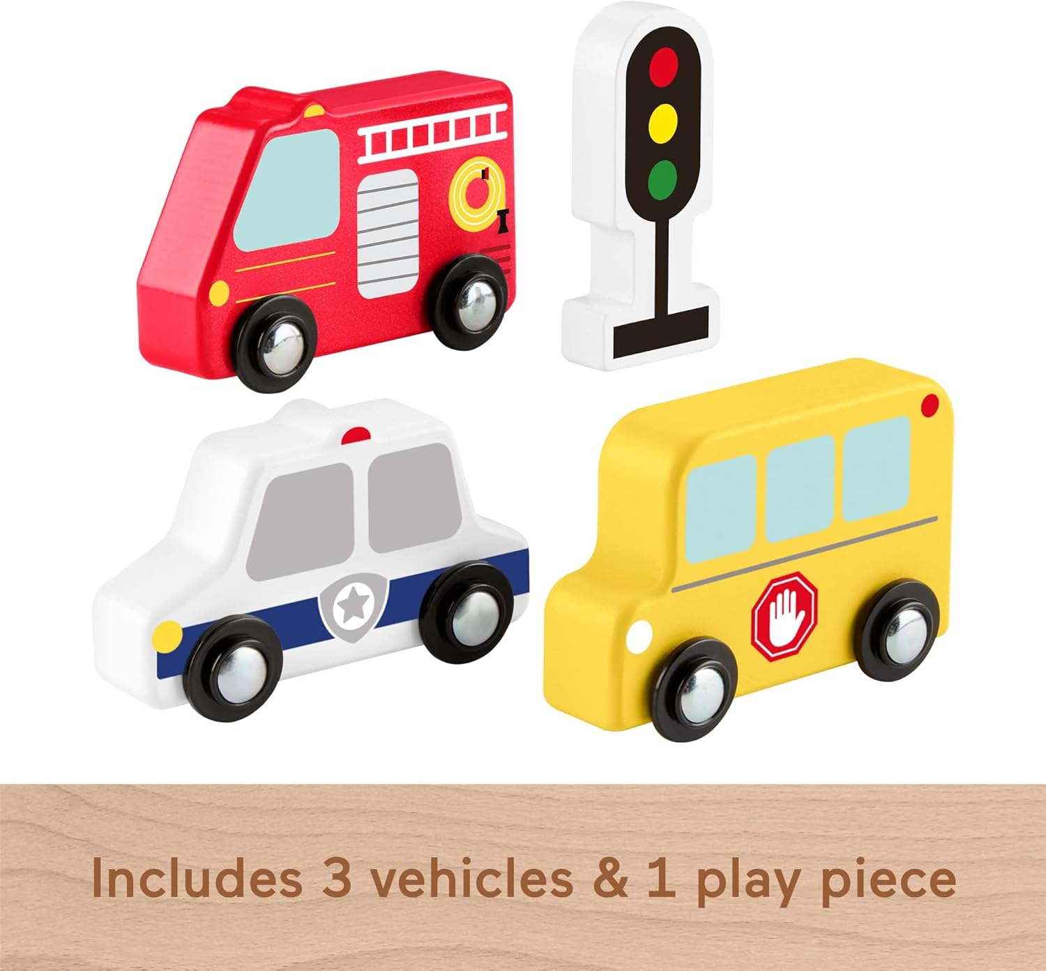 Fisher-Price Toddler Toys Wooden Vehicle Pack, 4-Piece Wood Set with Fire Truck, School Bus & Police Car for Kids Ages 2+ Years, JCY32