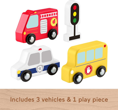 Fisher-Price Toddler Toys Wooden Vehicle Pack, 4-Piece Wood Set with Fire Truck, School Bus & Police Car for Kids Ages 2+ Years, JCY32