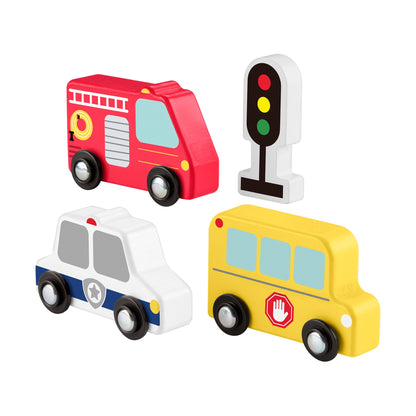 Fisher-Price Toddler Toys Wooden Vehicle Pack, 4-Piece Wood Set with Fire Truck, School Bus & Police Car for Kids Ages 2+ Years, JCY32