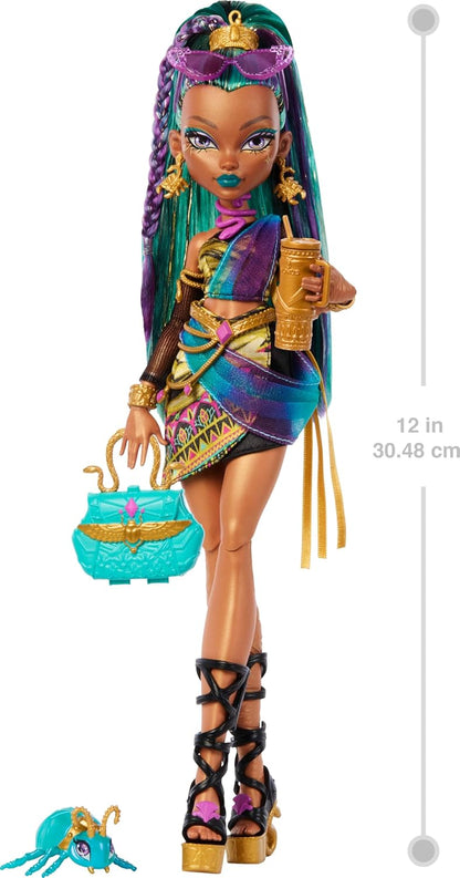 Monster High Nefera De Nile Doll, Royal Mummy in Dress with Pet Scarab Lavish and 7 Accessories like Purse, Laptop, Sunglasses, Drink and Snacks, JDR48