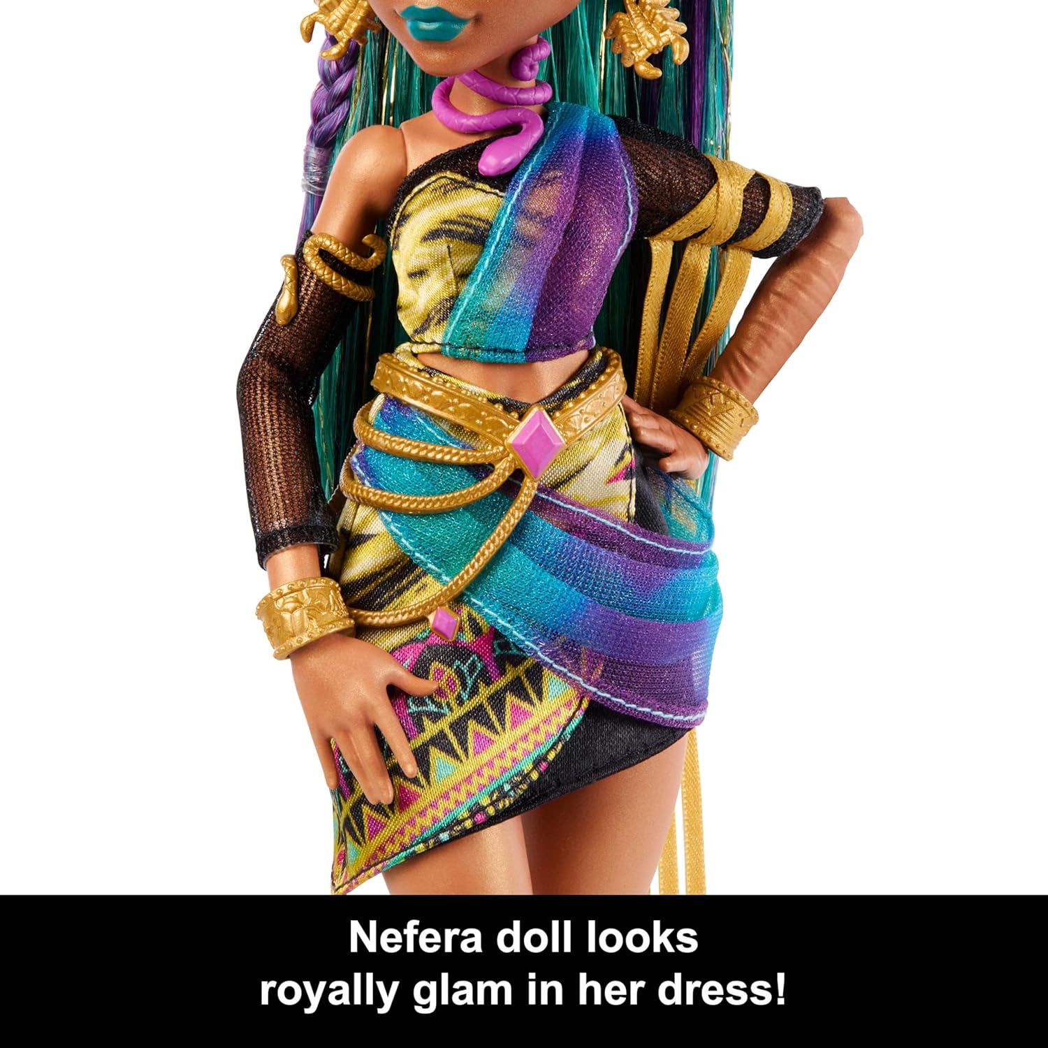 Monster High Nefera De Nile Doll, Royal Mummy in Dress with Pet Scarab Lavish and 7 Accessories like Purse, Laptop, Sunglasses, Drink and Snacks, JDR48