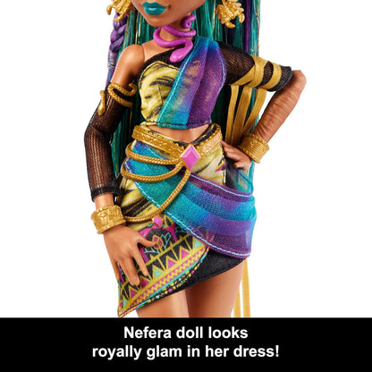 Monster High Nefera De Nile Doll, Royal Mummy in Dress with Pet Scarab Lavish and 7 Accessories like Purse, Laptop, Sunglasses, Drink and Snacks, JDR48