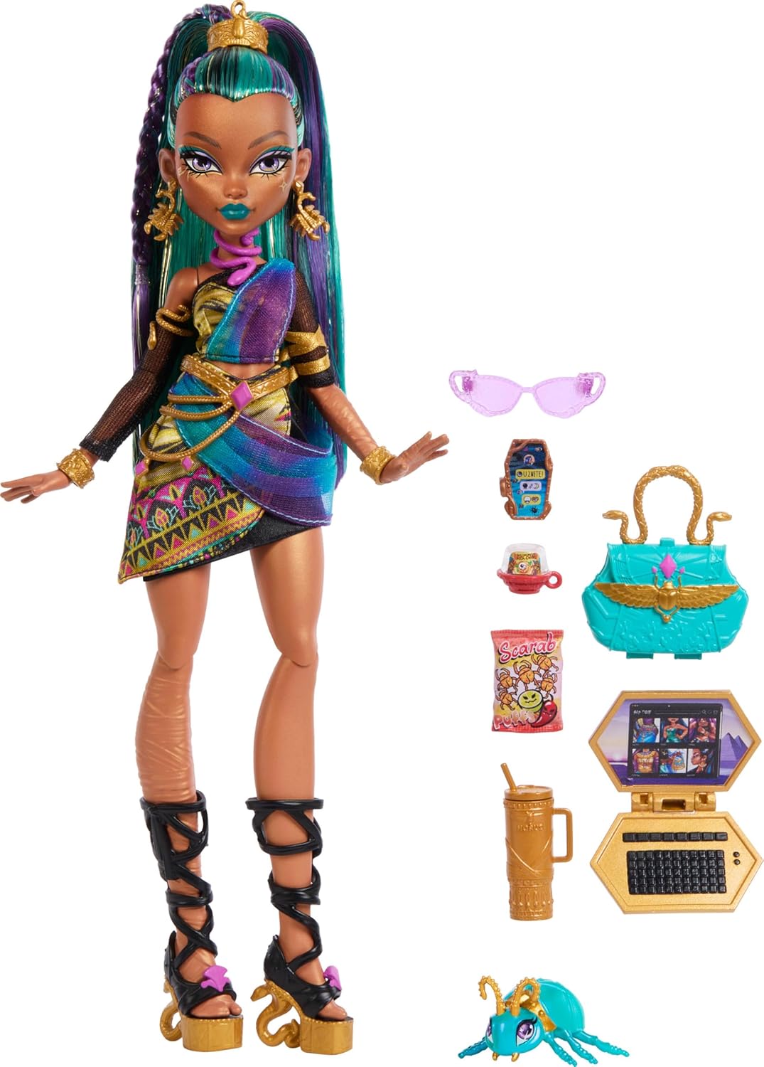Monster High Nefera De Nile Doll, Royal Mummy in Dress with Pet Scarab Lavish and 7 Accessories like Purse, Laptop, Sunglasses, Drink and Snacks, JDR48