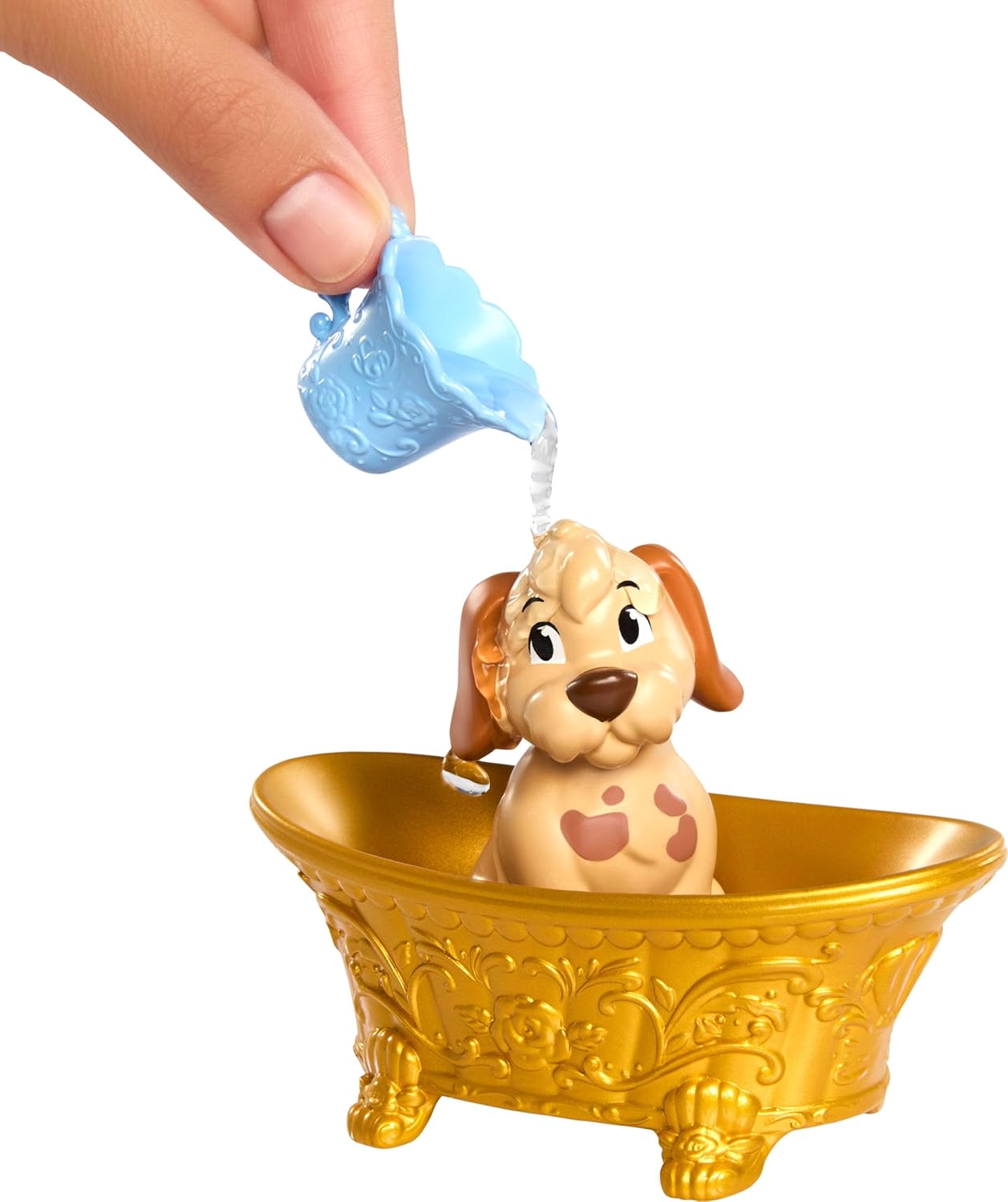 Mattel Disney Princesas Bella Baña y cepilla al Perrito Muñeca de Moda y Figura de Perrito con Manchas Que cambian de Color, bañera, Cepillo y Accesorios para el Pelo, Juguete Inspirado, JFC42