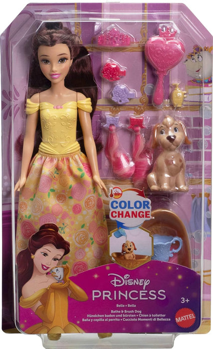 Mattel Disney Princesas Bella Baña y cepilla al Perrito Muñeca de Moda y Figura de Perrito con Manchas Que cambian de Color, bañera, Cepillo y Accesorios para el Pelo, Juguete Inspirado, JFC42