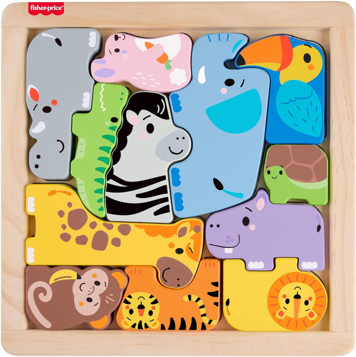 Fisher-Price Toddler Toy Wooden Animal Puzzle, Shape-Sorting Activity with 13 Wood Pieces for Preschool Kids Ages 2+ Years, JFG10