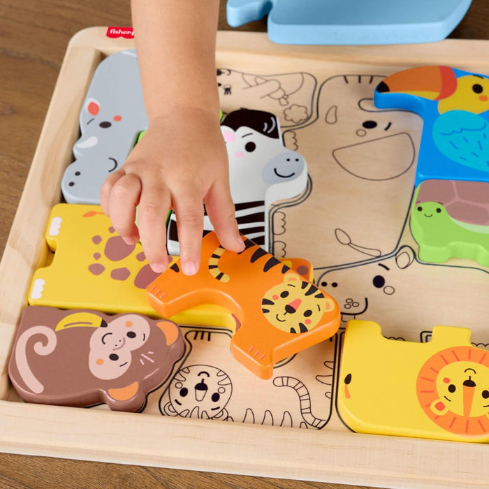 Fisher-Price Toddler Toy Wooden Animal Puzzle, Shape-Sorting Activity with 13 Wood Pieces for Preschool Kids Ages 2+ Years, JFG10