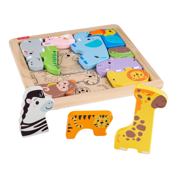 Fisher-Price Toddler Toy Wooden Animal Puzzle, Shape-Sorting Activity with 13 Wood Pieces for Preschool Kids Ages 2+ Years, JFG10