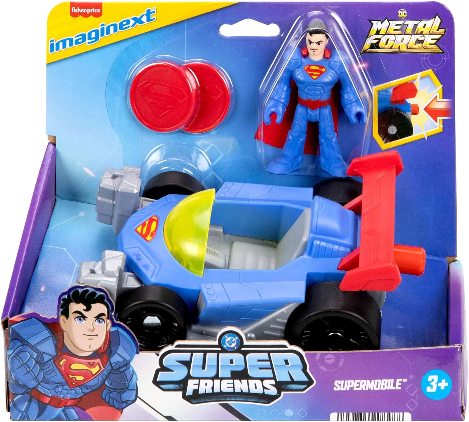 Fisher-Price Imaginext DC Super Friends Metal Force Supermobile Toy Car, 3-inch Superman Action Figure & Accessories Set, Includes Launcher & 2 Discs, JFJ69