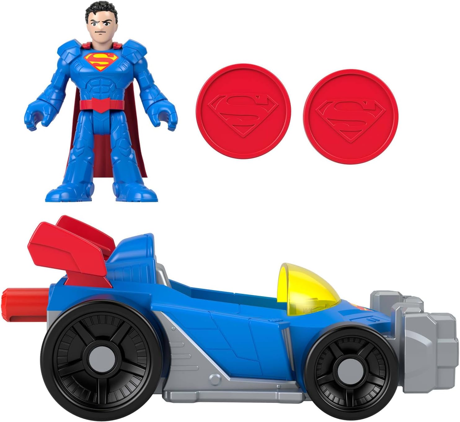 Fisher-Price Imaginext DC Super Friends Metal Force Supermobile Toy Car, 3-inch Superman Action Figure & Accessories Set, Includes Launcher & 2 Discs, JFJ69
