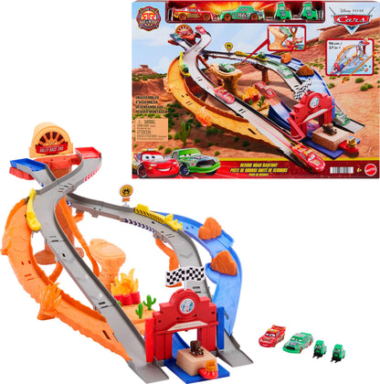 Mattel Disney and Pixar Cars Toy Playset, Lightning McQueen & Chicks Hicks & 2 Pitty Crew Vehicles, 2 Ways to Race, Race & Rescue Rescue Road Raceway, JFL57