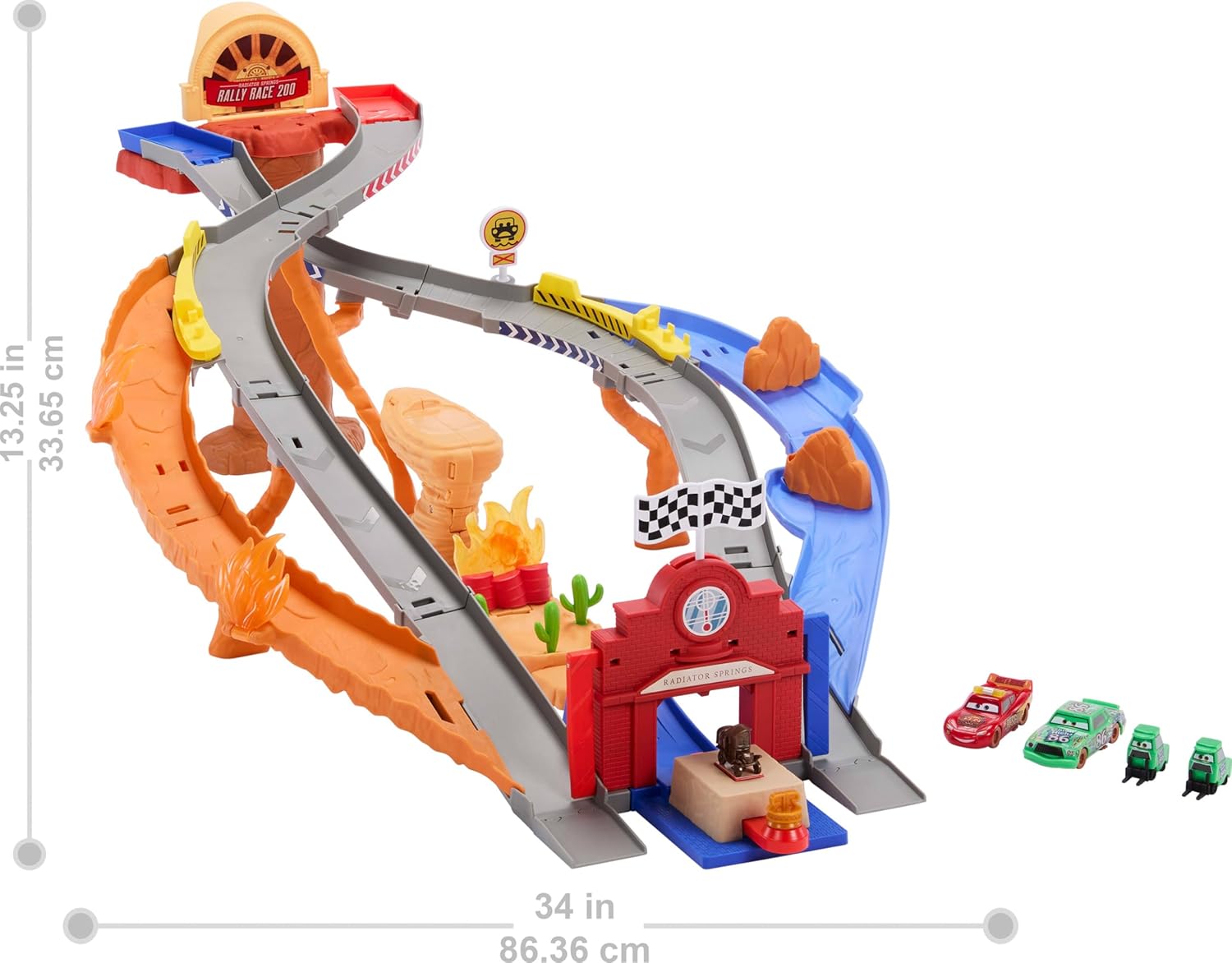 Mattel Disney and Pixar Cars Toy Playset, Lightning McQueen & Chicks Hicks & 2 Pitty Crew Vehicles, 2 Ways to Race, Race & Rescue Rescue Road Raceway, JFL57