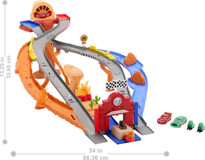 Mattel Disney and Pixar Cars Toy Playset, Lightning McQueen & Chicks Hicks & 2 Pitty Crew Vehicles, 2 Ways to Race, Race & Rescue Rescue Road Raceway, JFL57