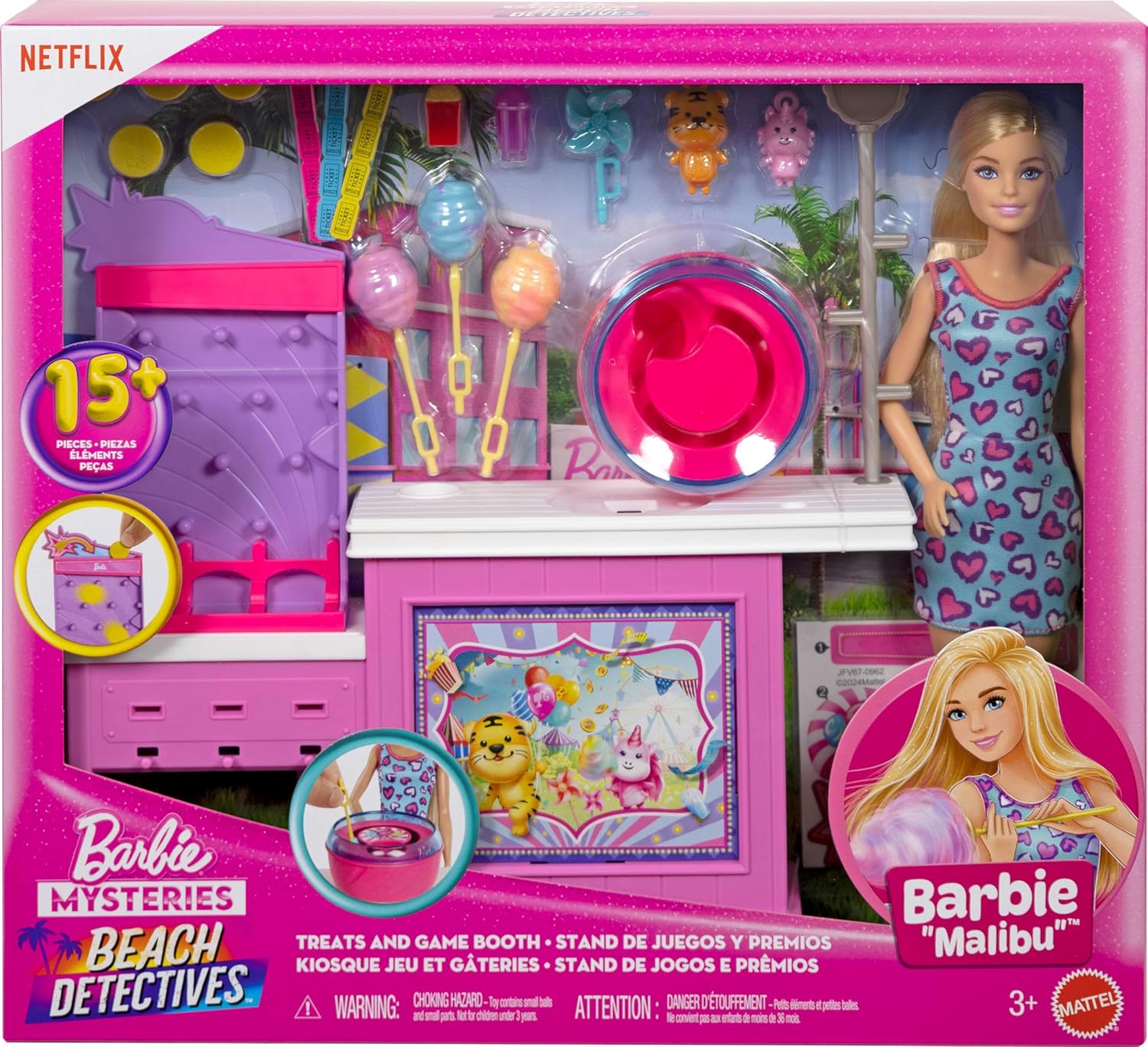 Barbie Mysteries: Beach Detectives“ Barbie Malibu“ Puppe und Zuckerwatte Spielstand Spielset mit 20 Zubehörteilen, inklusive Preise ,JFV67