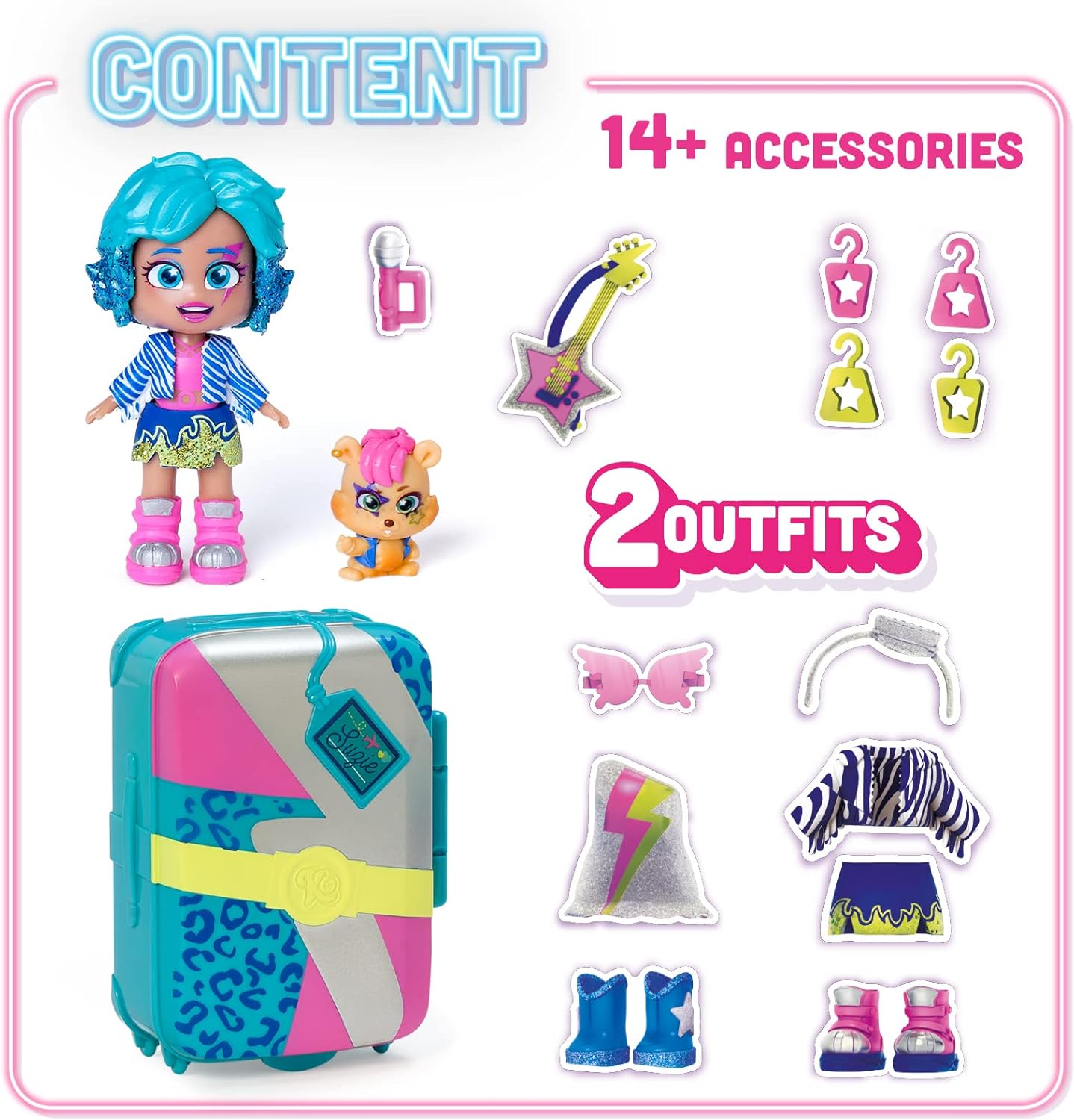 KOOKYLOOS Suzie’s Suitcase – Doll’s suitcase with over 14 fashion accessories and exclusive doll with 3 fun expressions. Includes clothes, accessories and shoes, hangers and an exclusive pet