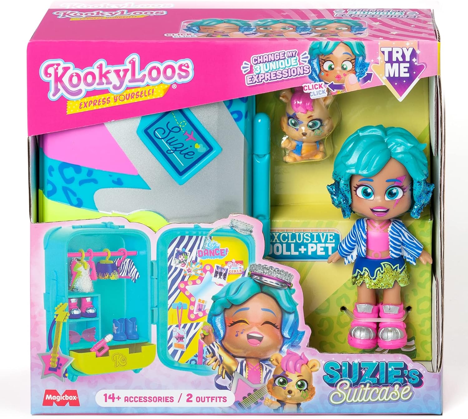 KOOKYLOOS Suzie’s Suitcase – Doll’s suitcase with over 14 fashion accessories and exclusive doll with 3 fun expressions. Includes clothes, accessories and shoes, hangers and an exclusive pet
