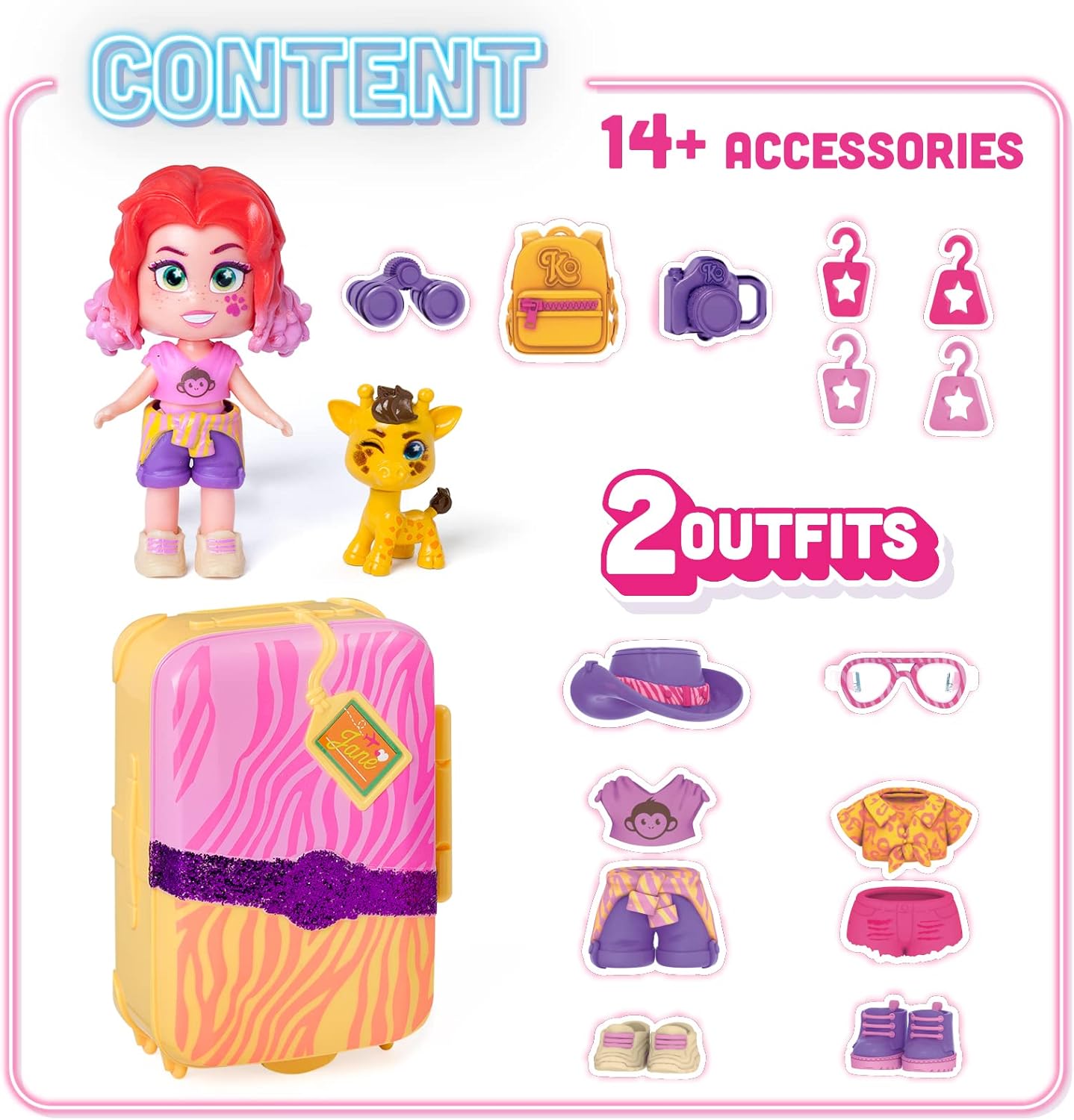 KOOKYLOOS Jane’s Suitcase – Doll’s suitcase with over 14 fashion accessories and exclusive doll with 3 fun expressions. Includes clothes, accessories and shoes, hangers and an exclusive pet