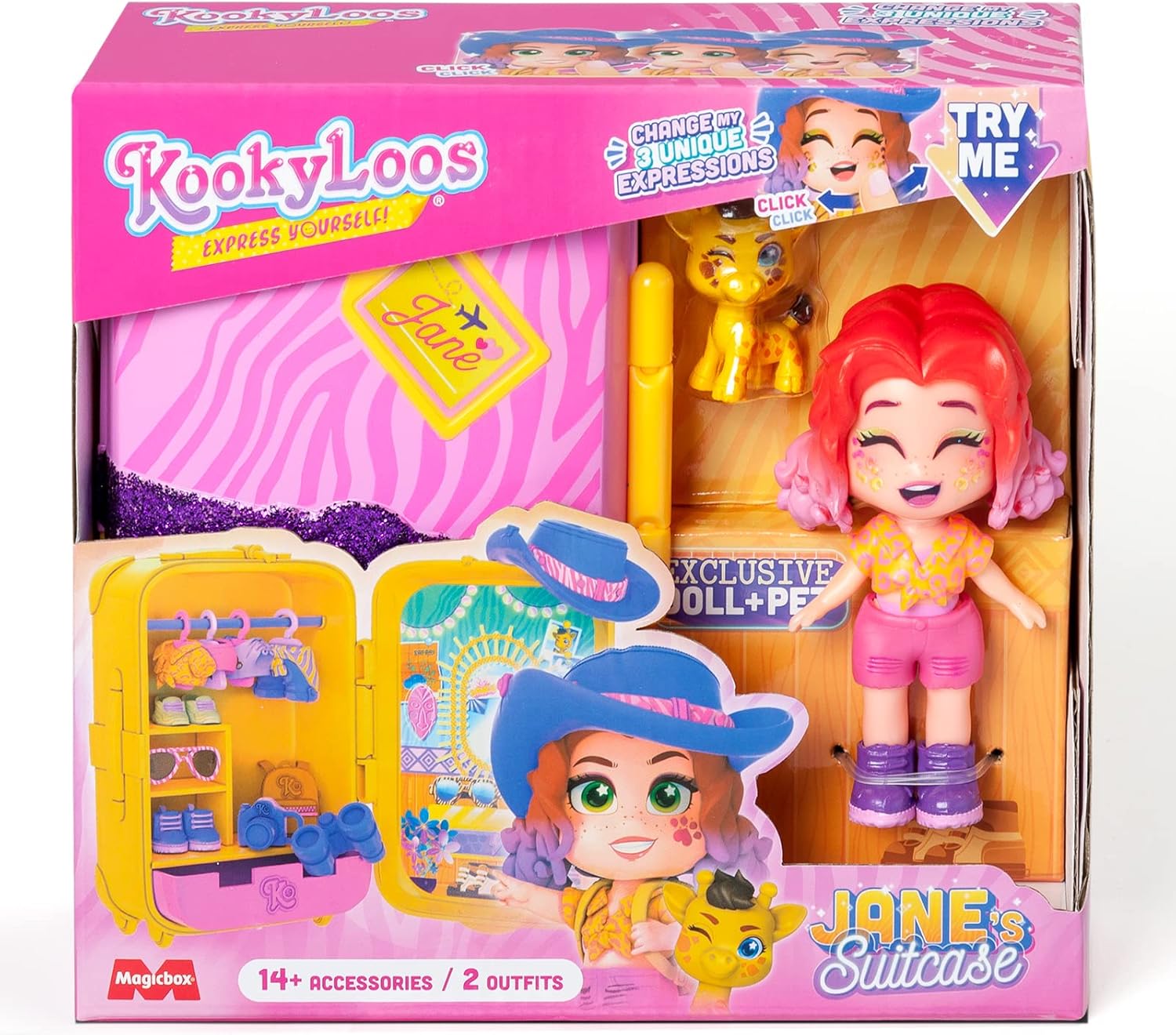 KOOKYLOOS Jane’s Suitcase – Doll’s suitcase with over 14 fashion accessories and exclusive doll with 3 fun expressions. Includes clothes, accessories and shoes, hangers and an exclusive pet