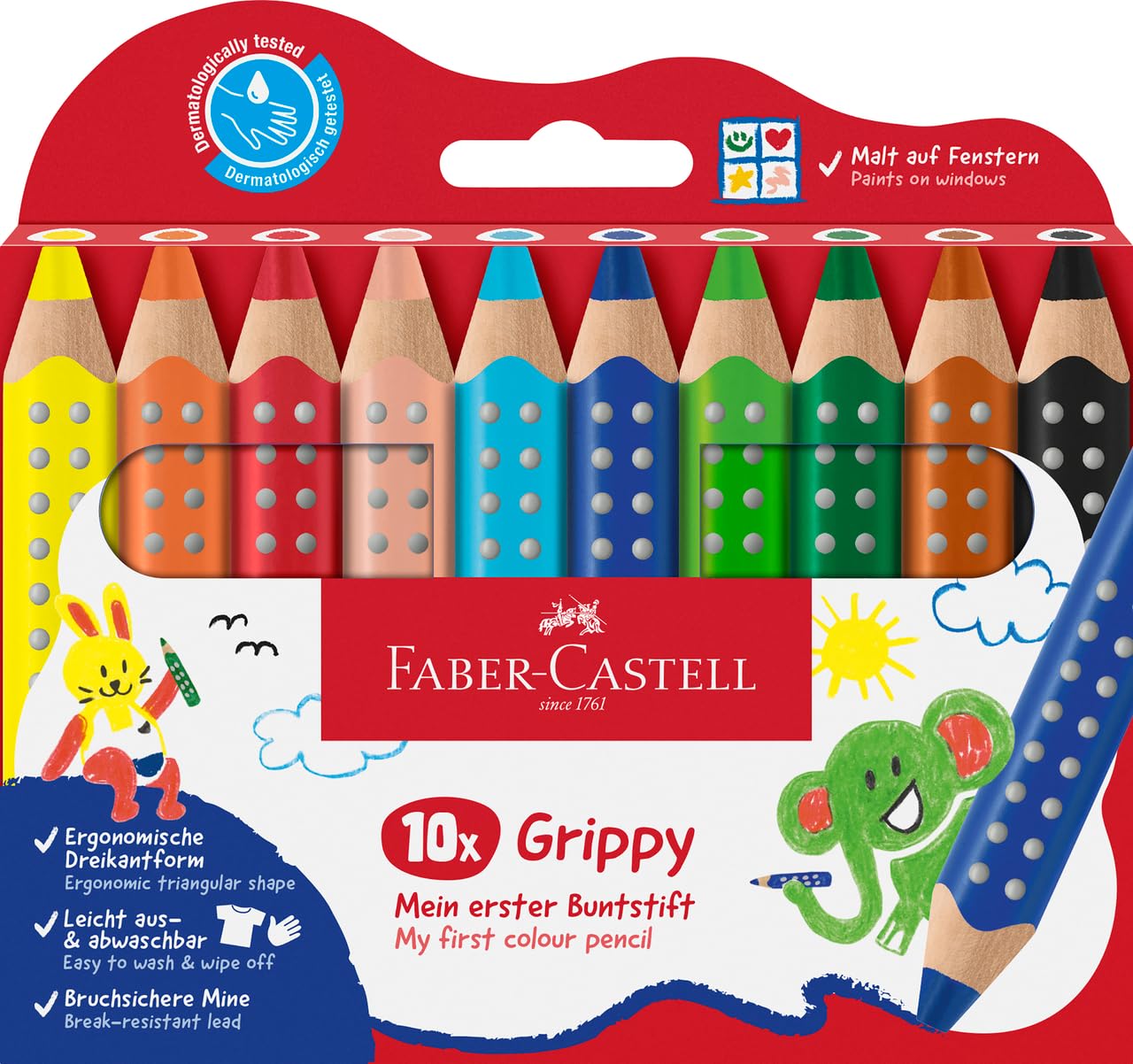 Faber-Castell Grippy 110624 Colouring Pencils Set, 10 Colouring Pencils for Toddlers from 2 Years, 3-in-1 Pens Set