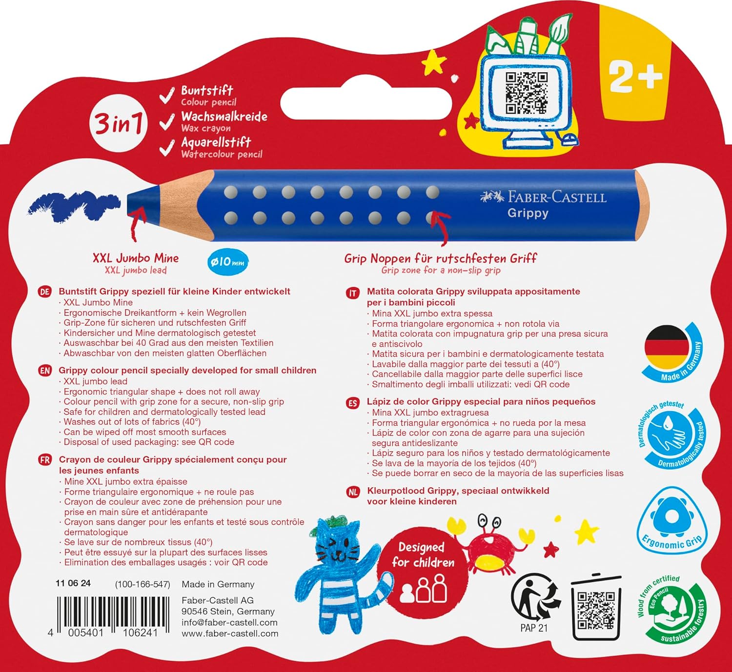 Faber-Castell Grippy 110624 Colouring Pencils Set, 10 Colouring Pencils for Toddlers from 2 Years, 3-in-1 Pens Set