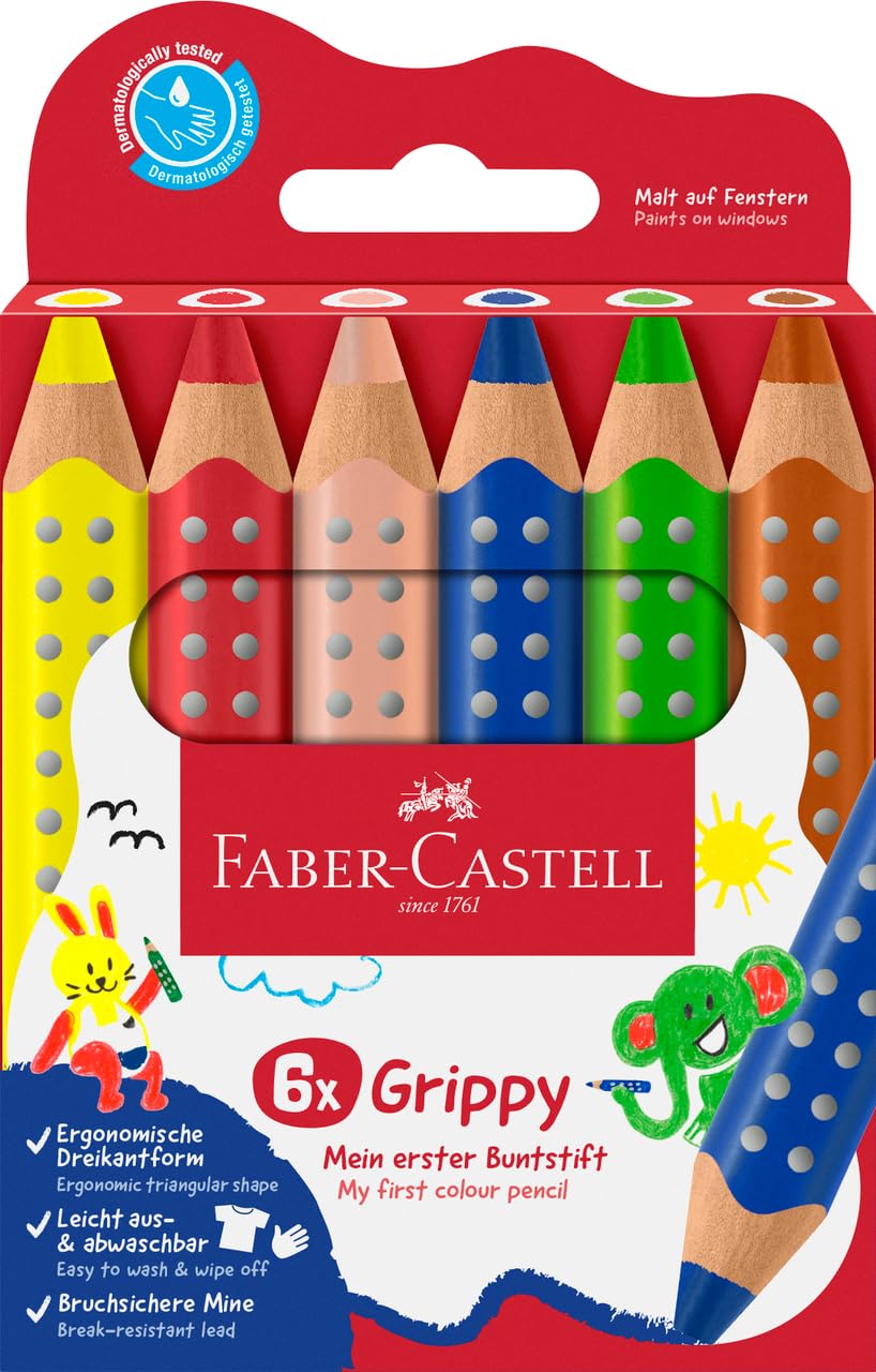 Faber-Castell Grippy 110630 Colouring Pencils Set, 6 Colouring Pencils for Toddlers from 2 Years, 3-in-1 Pens Set