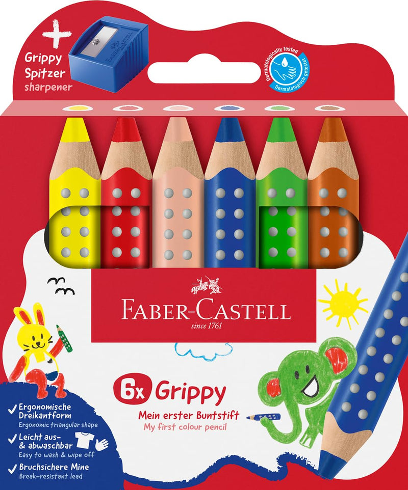 Faber-Castell Grippy 110635 Colouring Pencils Set, 6 Colouring Pencils with Sharpener for Toddlers from 2 Years, 3-in-1 Pencil Set