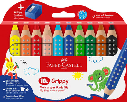 Faber-Castell Grippy 110636 Colouring Pencils Set, 10 Colouring Pencils with Sharpener for Toddlers from 2 Years, 3-in-1 Pencil Set
