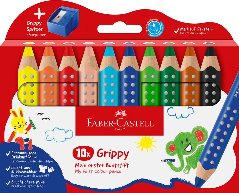 Faber-Castell Grippy 110636 Colouring Pencils Set, 10 Colouring Pencils with Sharpener for Toddlers from 2 Years, 3-in-1 Pencil Set