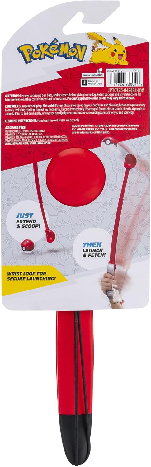 Pokémon Poke Ball Telescopic Fetch Launcher for Pets - Portable Launcher with Strap plus 2.5-Inch Rubber Ball