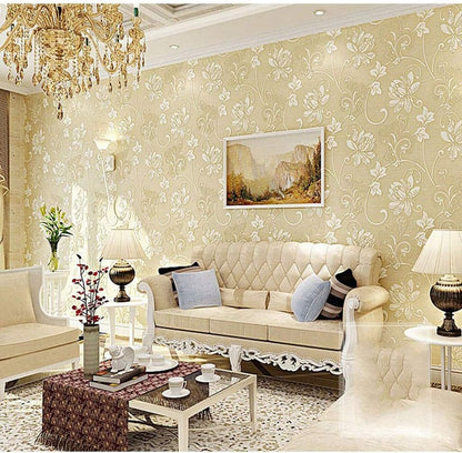 WPCBAA Luxury Italian Silk Fabrics Vintage 3D Floral Wall Paper Flower Wallpaper for Bedroom Home Living Room Wall Paper (Color : Beige